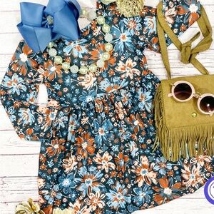 Floral Kids Dress with Blue and Orange Accents